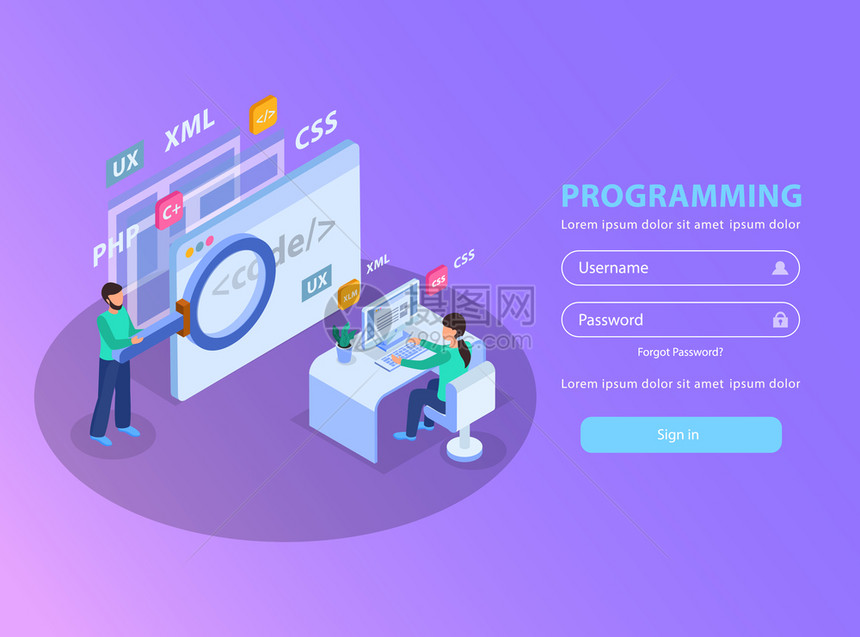 網(wǎng)頁開發(fā)等距背景標(biāo)志頁與圖像字段的登錄密碼矢量插圖