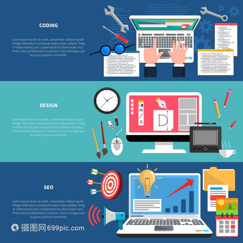 網(wǎng)頁開發(fā)水平橫幅編碼SEO元素隔離矢量插圖網(wǎng)頁開發(fā)橫幅